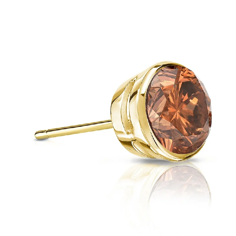 Stud Earrings for Valentine's Day -Auriya 14k Gold 1/3ct TDW Bezel-Set Round SINGLE (1) Brown Diamond Stud Earring