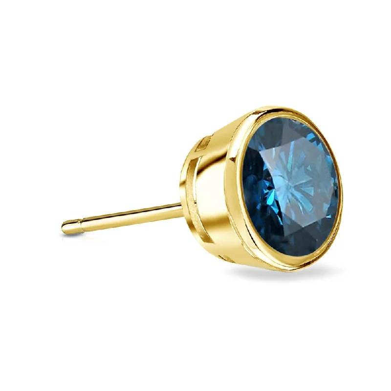 Oval Stud Earrings for Grace -Auriya 14k Gold 3/4ct TDW Bezel-Set Round SINGLE (1) Blue Diamond Stud Earring