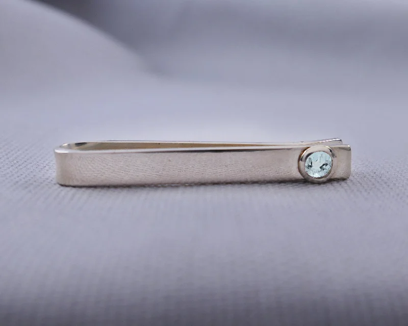 Stylish tie clip with gemstone accent for men with sophisticated design -Sterling Silver Aquamarine Bezel Set Slide Tie Bar