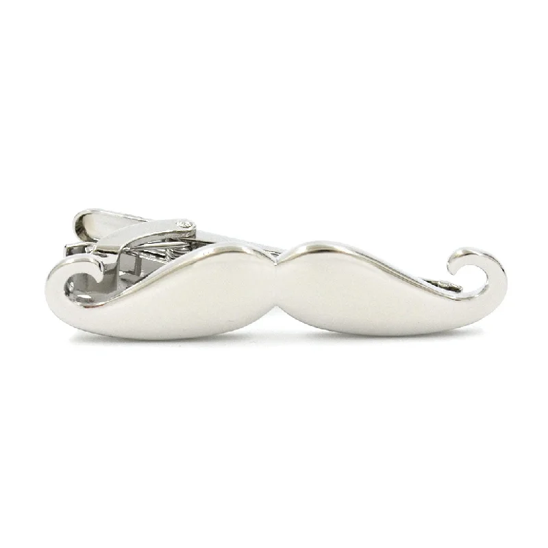 Affordable tie clip for men with simple design and durable construction -Handlebar Mustache Silver Tie Bar