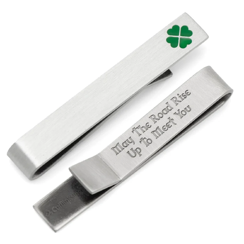 Custom name tie clip for men with engraved initials for personalized touch -Shamrock Hidden Message Tie Bar