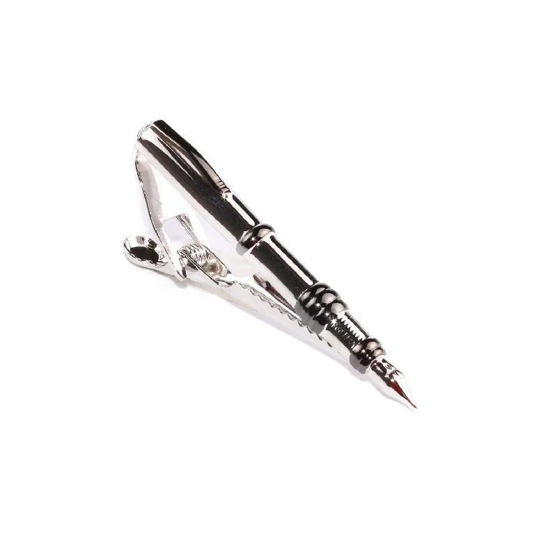 Stylish leather tie clip for men with premium leather and metal accents -The Silver Fountain Pen Tie Bar