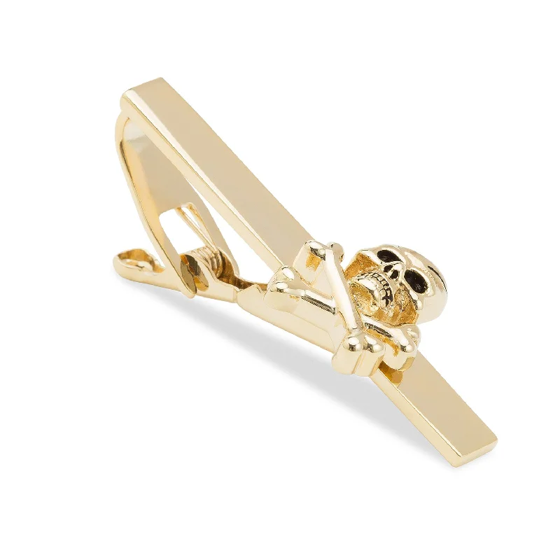 Personalized tie clip for weddings with custom initials or date engraving -Gold Skull and Crossbones Tie Bar