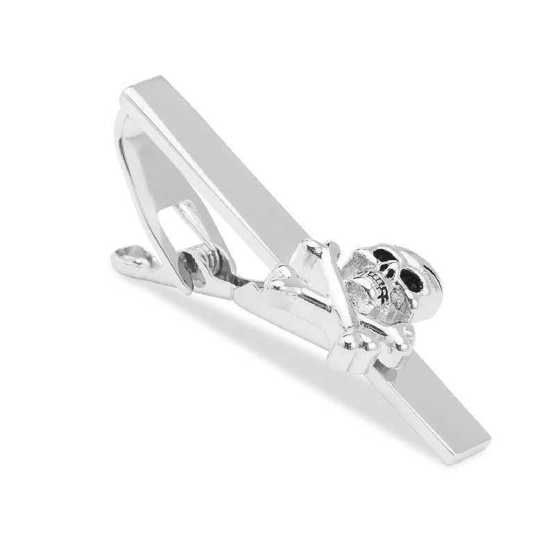 Custom engraved tie clip for men with date or initials for special occasions -Silver Skull and Crossbones Tie Bar