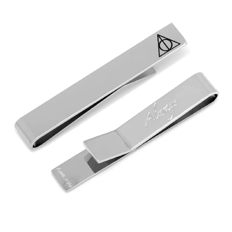 Geometric metal tie clip for men with clean lines and minimalist appeal -Deathly Hallows "Always" Hidden Message Tie Bar