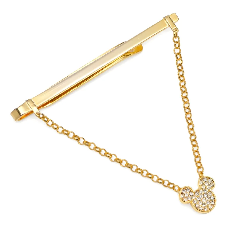 Luxury tie clip for men with intricate design and custom engraving options -Mickey Gold Crystal Chain Tie Bar