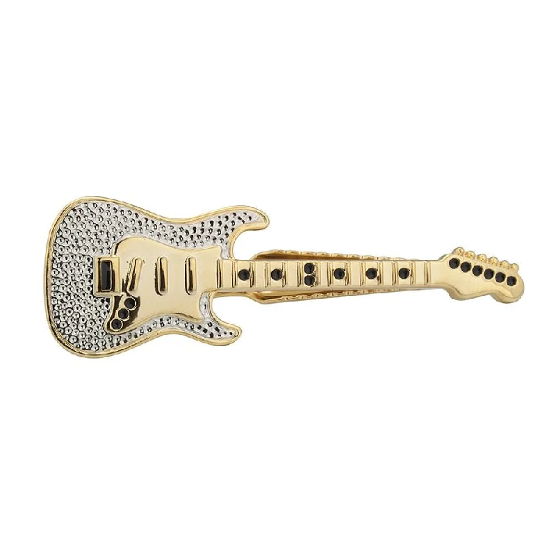 Unique patterned tie clip for men with modern design and distinctive look -Gold Guitar Tie Bar