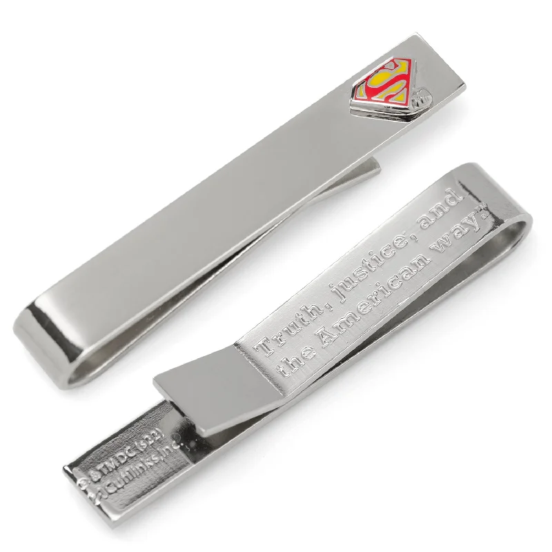 Designer tie clip for men with premium materials and custom details -Superman Hidden Message Silver Tie Bar