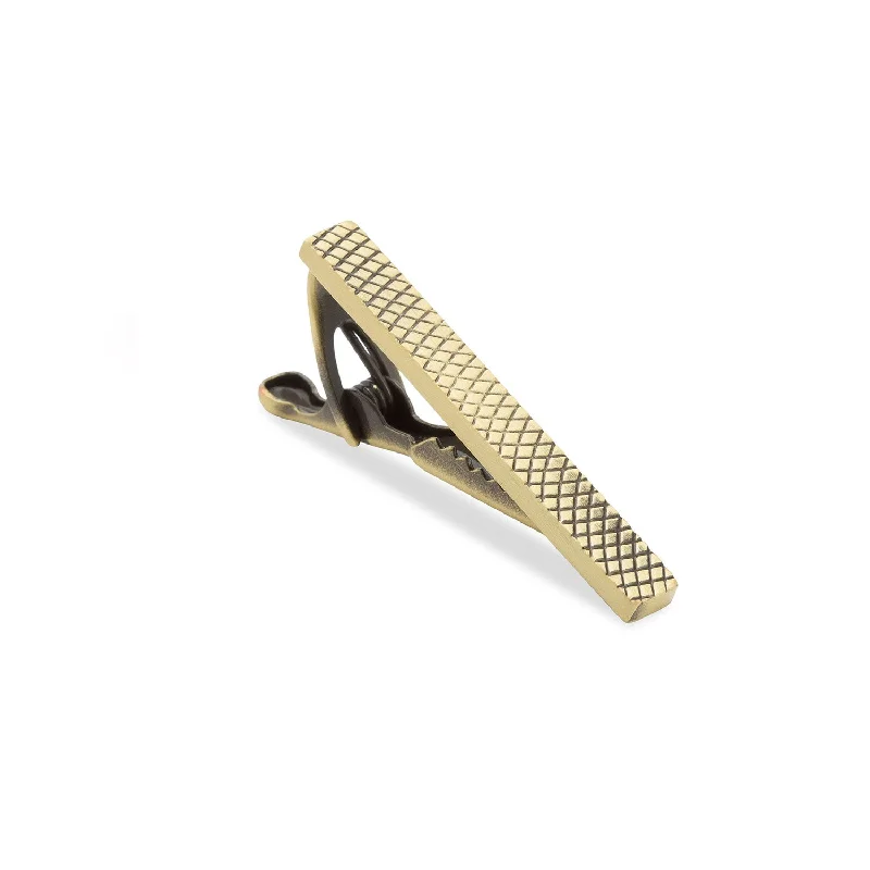 Unique design tie clip for men with modern twist on traditional accessories -Mini Antique Brass Crosshatch Tie Bar