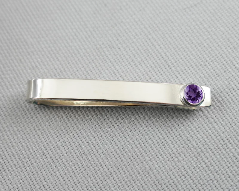 Minimalist design tie clip for men with subtle charm and smooth finish -Sterling Silver Amethyst Bezel Set Slide Tie Bar