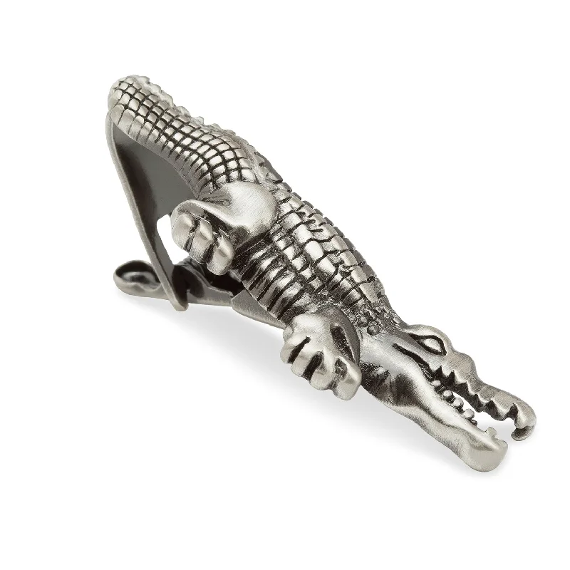 Classic round tie clip for men with subtle engraving and elegant design -Antique Silver Irwin Crocodile Tie Bar