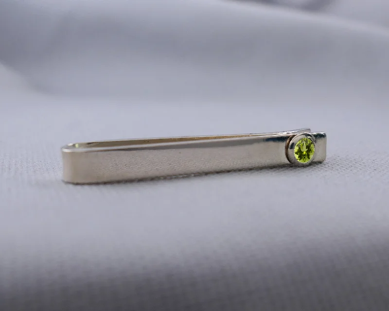 Vintage bronze tie clip for men with unique patina finish and rustic appeal -Sterling Silver Peridot Bezel Set Slide Tie Bar