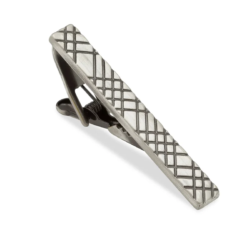 Simple stainless steel tie clip for men with a minimalist and modern look -Crosshatch Antique Silver Tie Bar