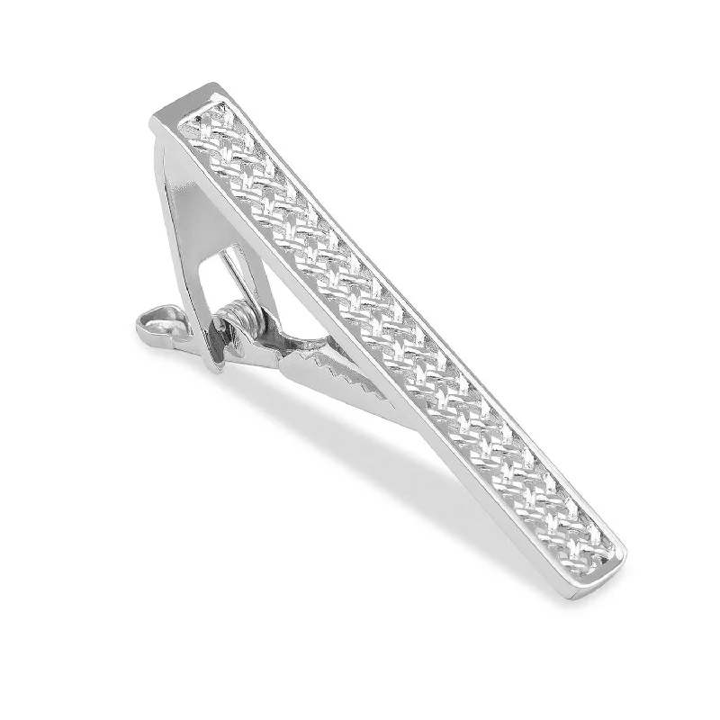 Geometric metal tie clip for men with clean lines and minimalist appeal -Charlemagne Weave Silver Tie Bar