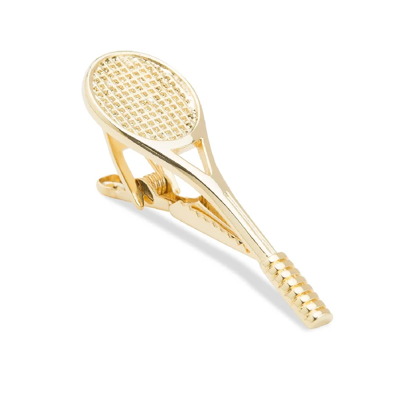 Engraved tie clip for men with initials or meaningful phrase for personalization -McEnroe Gold Tennis Racquet Tie Bar