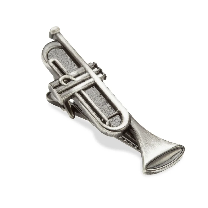 Stylish tie clip with cubic zirconia stones for men with sparkling accents -Antique Silver Trumpet Tie Bar