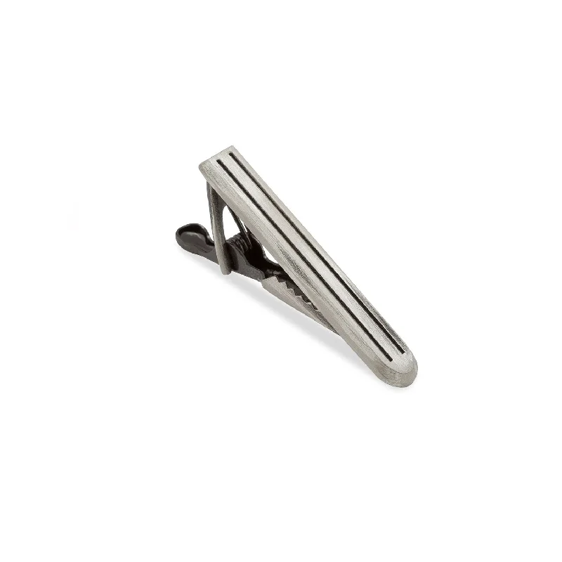 Vintage-style tie clip for men with aged metal and classic detailing -Mini Antique Silver Pinstripe Tie Bar