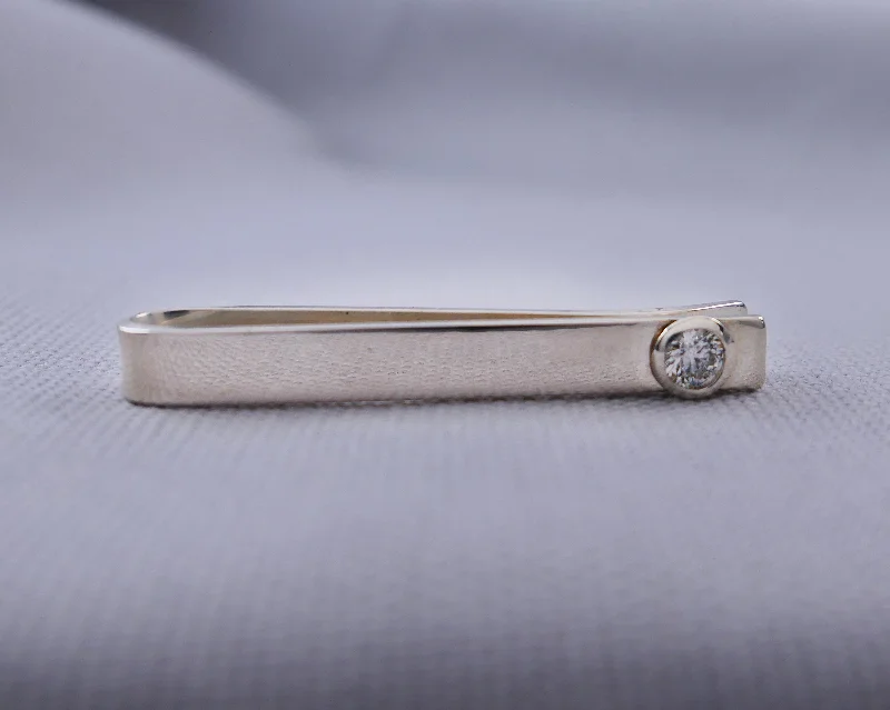 Stylish tie clip with cubic zirconia stones for men with sparkling accents -Sterling Silver Moissanite Bezel Set Slide Tie Bar