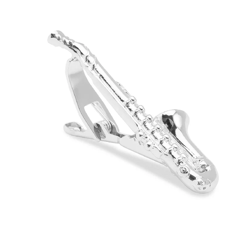 Custom engraved bar tie clip for men with meaningful message or date -Silver Saxophone Tie Bar