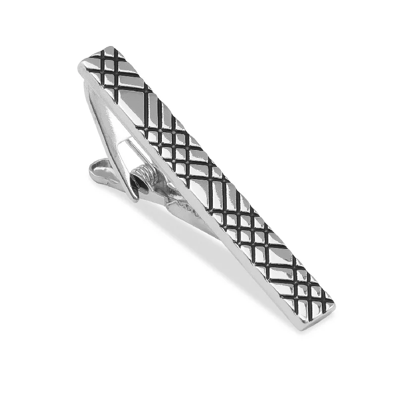 Vintage silver tie clip for men with antique finish and timeless appeal -Crosshatch Silver Tie Bar