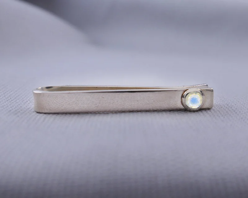 Sleek tie clip for men with polished chrome finish and contemporary look -Sterling Silver Moonstone Bezel Set Slide Tie Bar