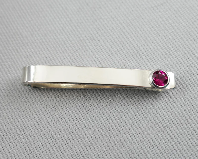 Black onyx tie clip for men with smooth, shiny surface and sophisticated touch -Sterling Silver Ruby Bezel Set Slide Tie Bar