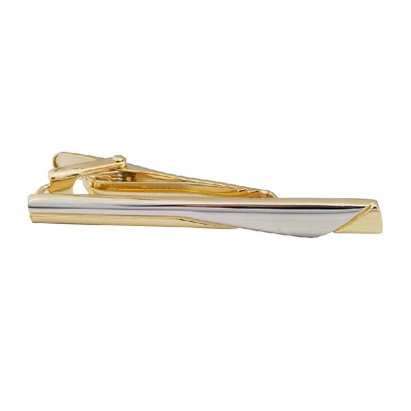 Black and silver tie clip for men with contemporary look and polished finish -Gold Plated Tie Bar with Silver Curve