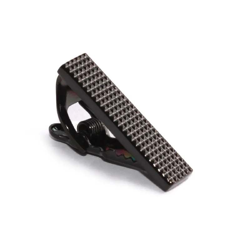 Unique design tie clip for men with modern twist on traditional accessories -Mini Studded Black Skinny Tie Bar