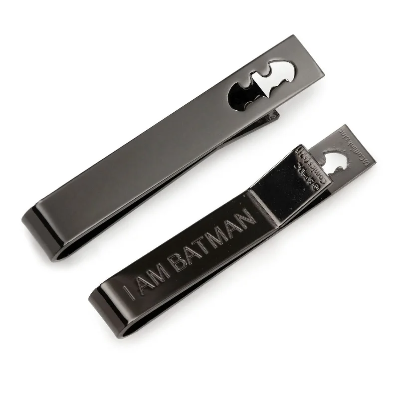 Stylish leather tie clip for men with premium leather and metal accents -I Am Batman Black Tie Bar