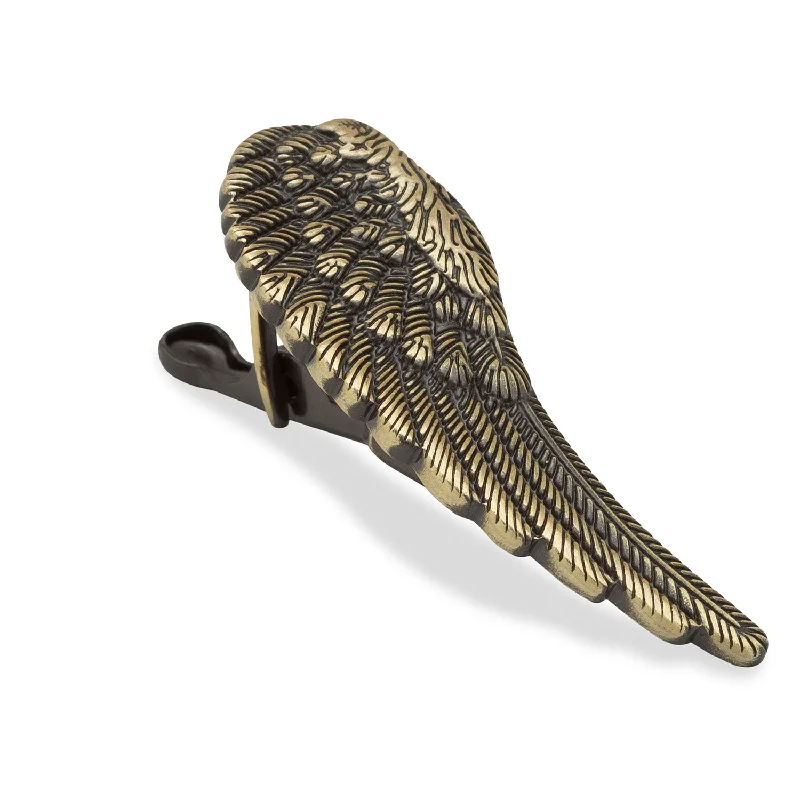 Classic gold-plated tie clip for men with smooth texture and polished design -Antique Brass Angel Wing Tie Bar