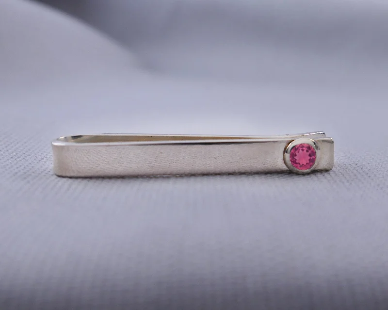 Vintage-inspired tie clip for men with retro design and classic details -Sterling Silver Pink Tourmaline Bezel Set Slide Tie Bar