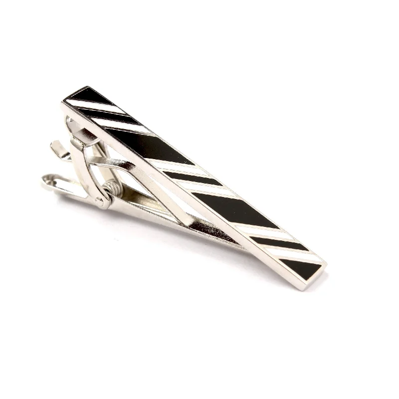 Stylish black tie clip for men with matte design for contemporary style -Black and White Stripe Tie Bar