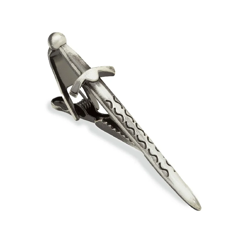 Modern silver tie clip for men with polished edges and smooth surface -Barbossa Antique Silver Sword Tie Bar