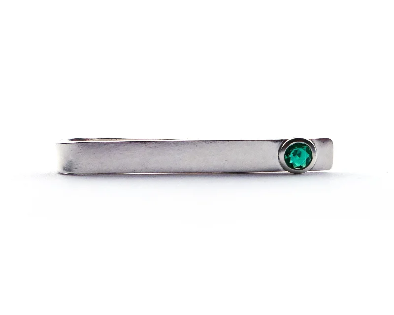 Custom wood tie clip for men with personalized engraving and elegant craftsmanship -Sterling Silver Emerald Bezel Set Slide Tie Bar