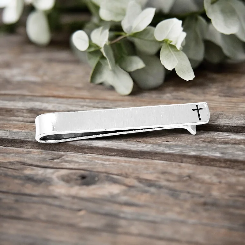 Luxury silver tie clip with engraved initials for a custom, high-end look -Cross Tie Clip