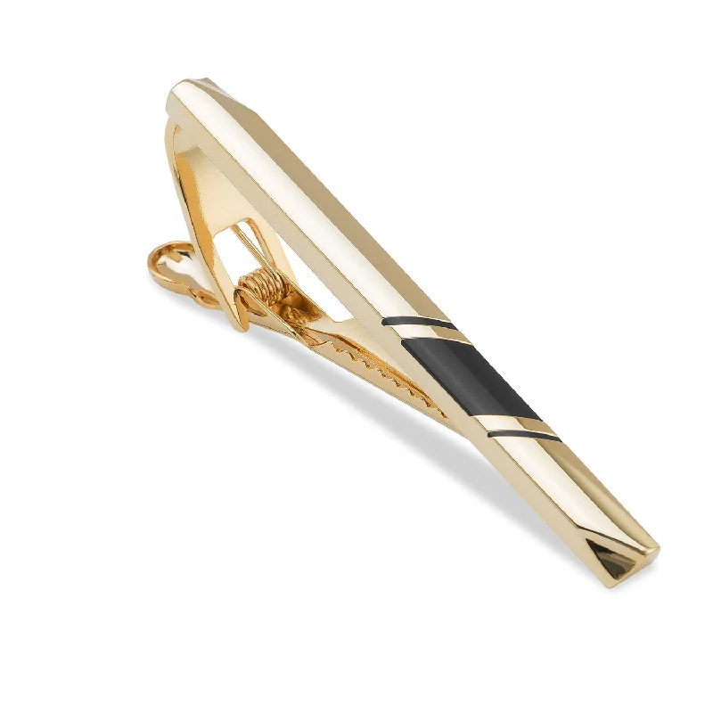 Luxury titanium tie clip for men with durable and lightweight design -Mister Big Black Striped Gold Tie Bar