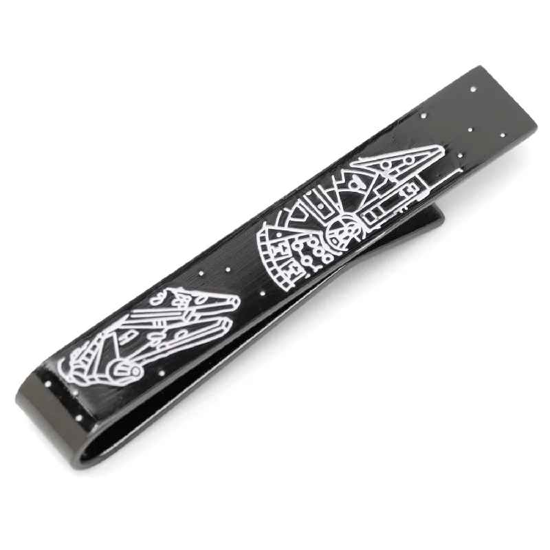 Designer-inspired tie clip for men with luxurious materials and custom design -Millennium Falcon Black and White Tie Bar