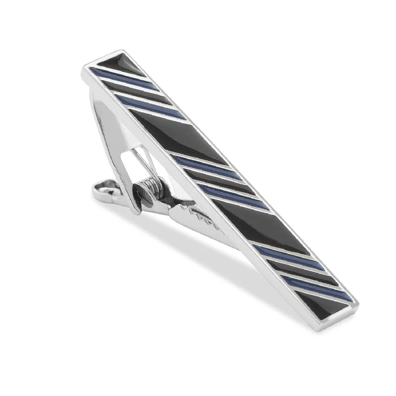 Vintage bronze tie clip for men with unique patina finish and rustic appeal -Black with Blue Stripes Tie Bar