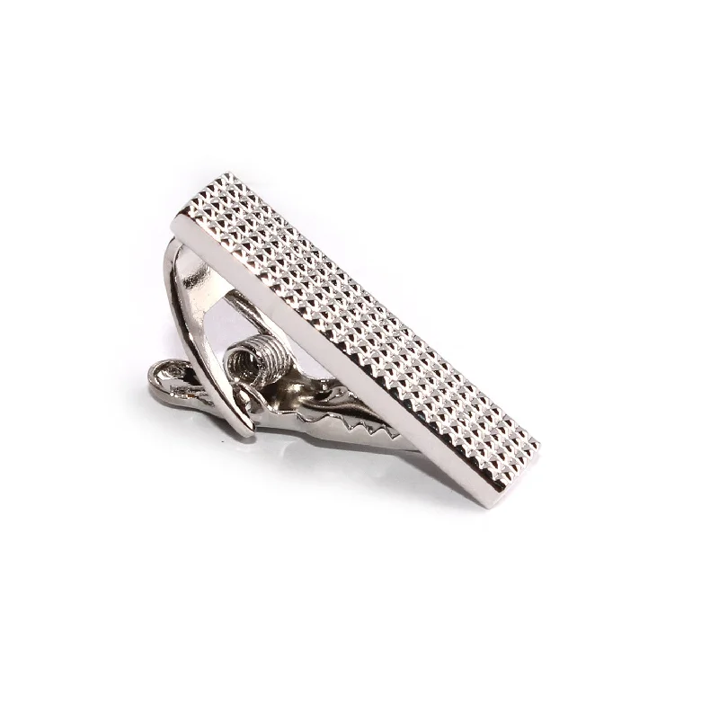 Geometric patterned tie clip for men with modern design and sharp angles -Mini Studded Silver Skinny Tie Bar