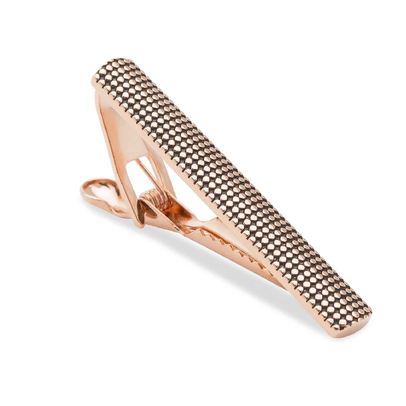 Modern silver tie clip for men with polished edges and smooth surface -Rose Gold Stippled Tie Bar