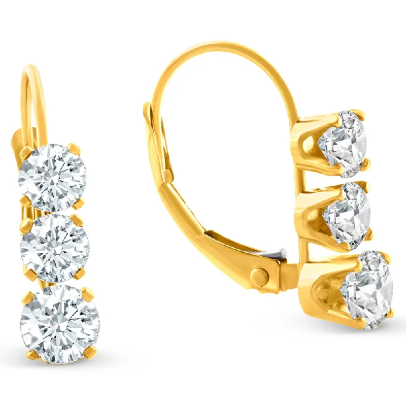 Hoop earrings with removable pendants for a versatile and customizable accessory-1/2ct 3 Stone Diamond Earrings 14K Yellow Gold Lever Back Hoops