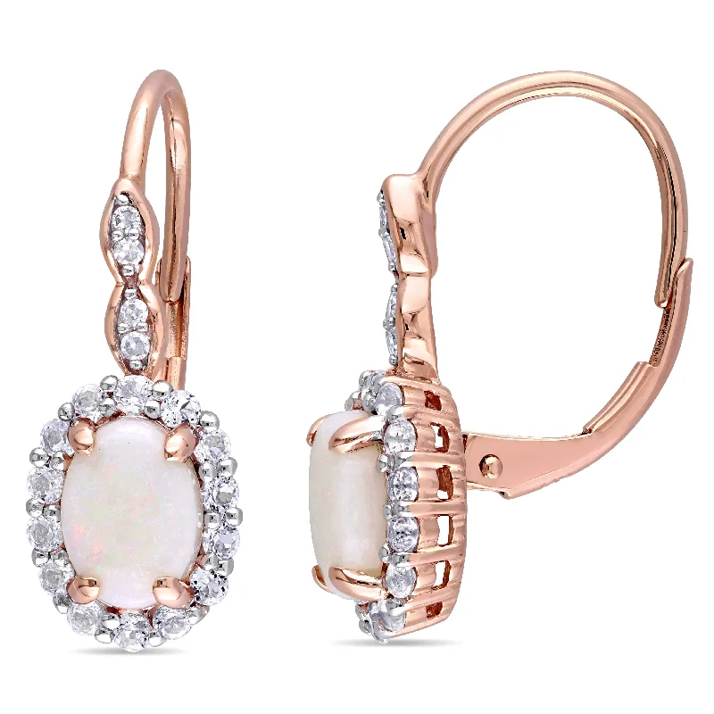 Best hoop earrings with snake chain details for a sleek and modern touch-1 3/4 CT TGW Oval Shape Opal, White Topaz and Diamond Accent Vintage LeverBack Earrings in 14K Rose Gold