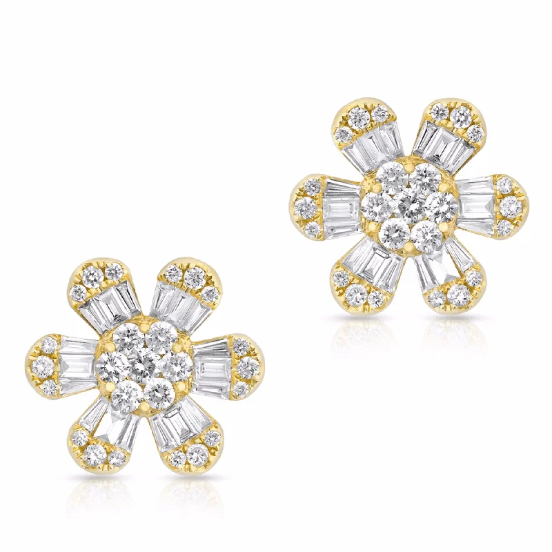 Best hoop earrings with geometric shapes for a modern and artistic appeal-14KT Yellow Gold Baguette Diamond Luxe Large Daisy Earrings