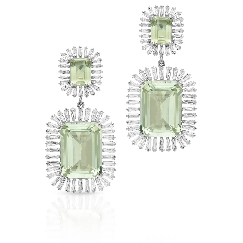 Hoop earrings with braided patterns for a detailed and textured finish-18KT White Gold Green Amethyst Baguette Diamond Luxe Fauna Earrings