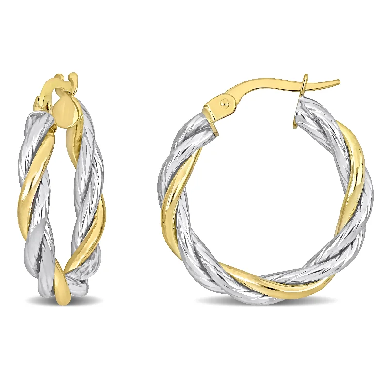 Hoop earrings with resin accents for a bold and colorful design-25 MM Twisted Hoop Earrings in 2-Tone Yellow and White 10K Gold