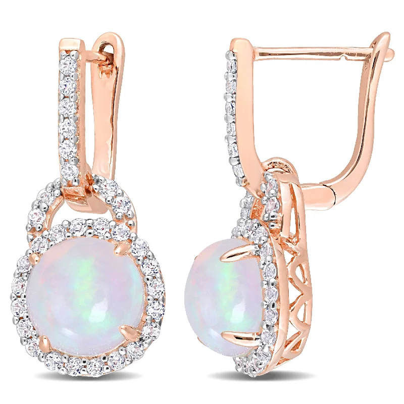 Best hoop earrings with floral designs for a feminine and delicate look-3 3/8 CT TGW Blue Ethiopian Opal and White Topaz Hoop Halo Charm Earrings in Rose Plated Sterling Silver