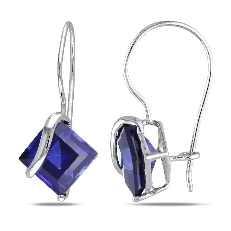 Best hoop earrings with oval shapes for a unique and elongated design-3 3/8 CT TGW Square Cut Created Blue Sapphire Earrings in 10K White Gold