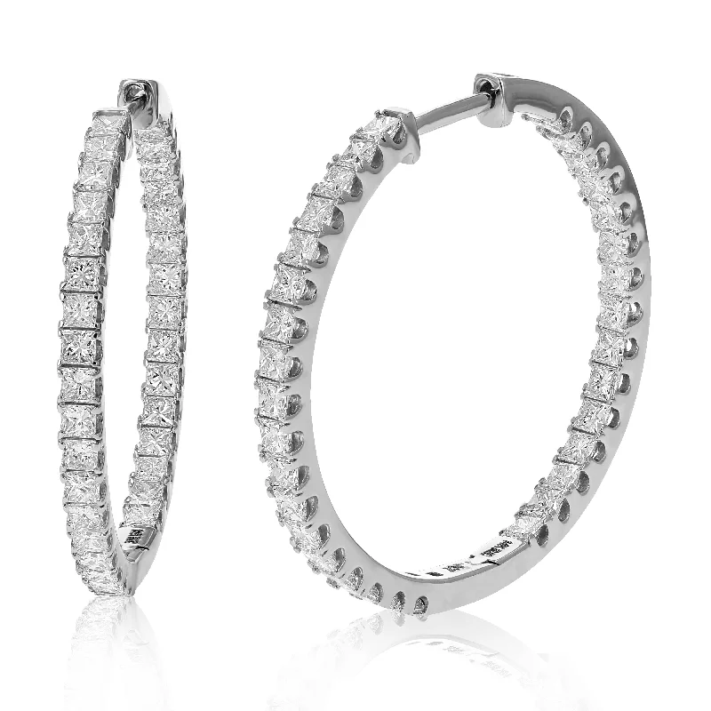 Best hoop earrings with geometric triangle shapes for a modern, chic design-3 cttw Princess Cut Diamond Inside Out Hoop Earrings 14K White Gold Prong 1 Inch