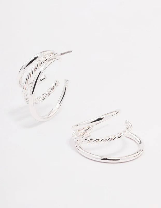 Best hoop earrings with matching bracelets for a coordinated jewelry set-Silver Plain & Twisted Illusion Hoop Earrings