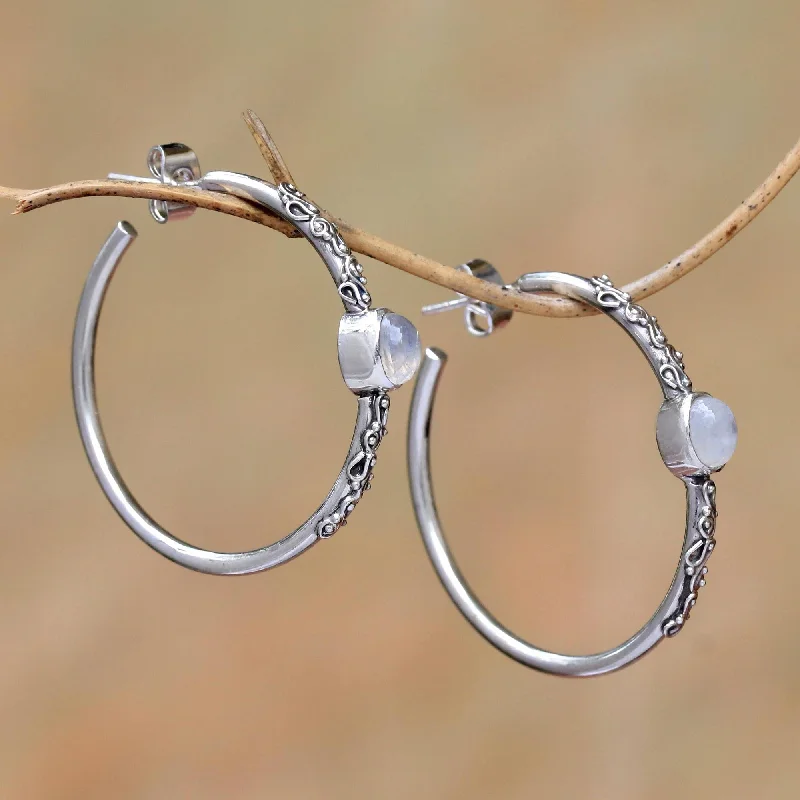 Best hoop earrings with matte finish for a sophisticated, understated design-Bali Memories Rainbow Moonstone Half-Hoop Earrings Crafted in Bali